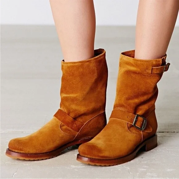 $389 Veronica Short Belted Brown Suede Leather Popular Moto Vintage Combat Boot - Picture 1 of 16